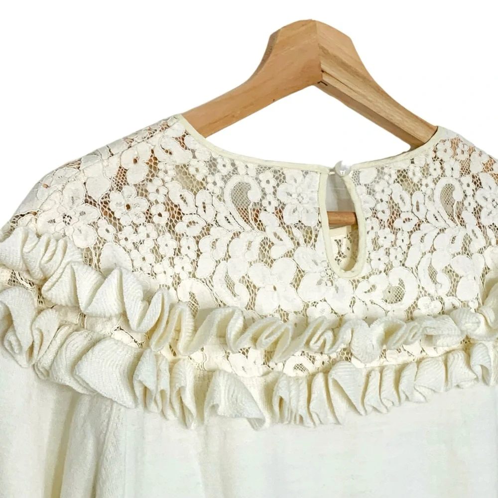 Lace Collar Crew Neck Sweater Large Cream 3D Flowers Embroidered Beaded Sequins